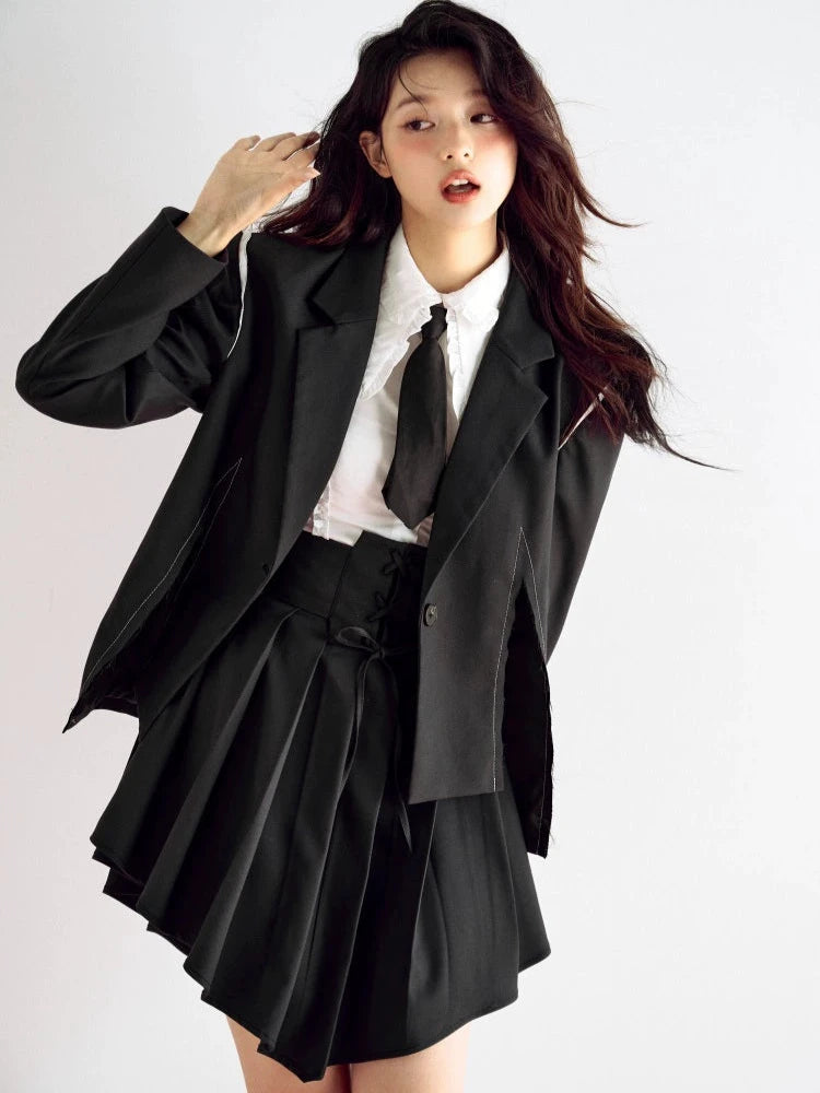 Tie Waist Bow V-Shape Hem Pleated Skirt