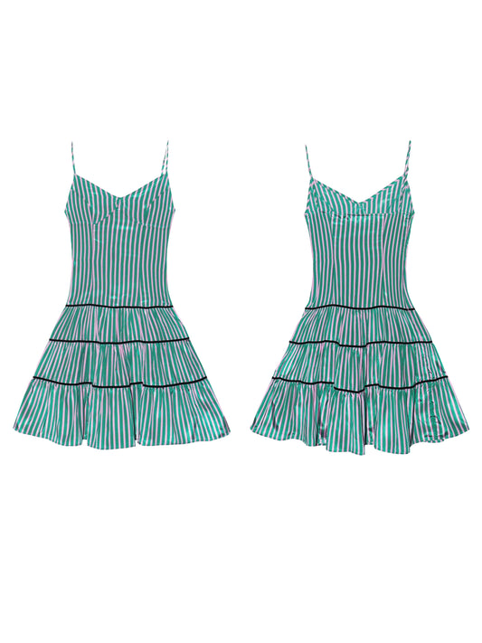 Novakilo_の美しい女の子のsummer_スリムなピンクグリーンストライプのスリップドレス