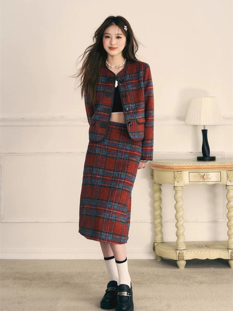 Retro red and blue plaid tweed skirt