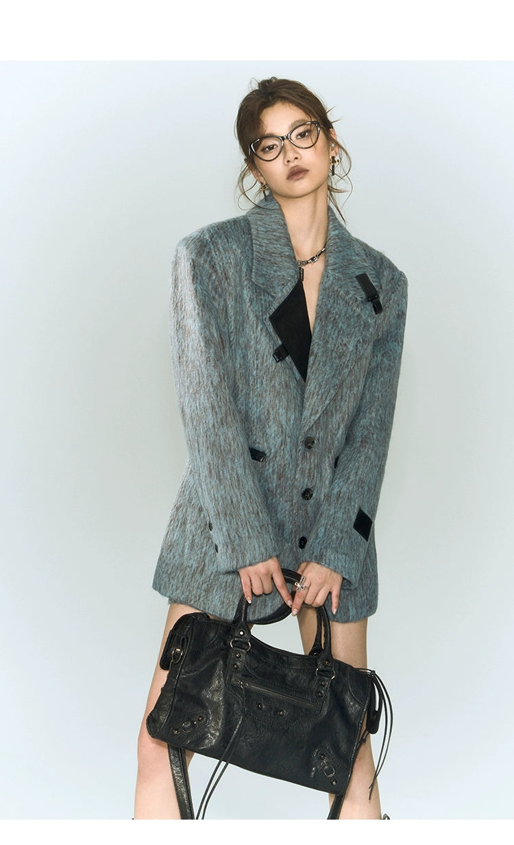 [スポット] OfAkivaツイードブルーとグレー織りウールファッションスーツレディーススーツスカートツーピースセット