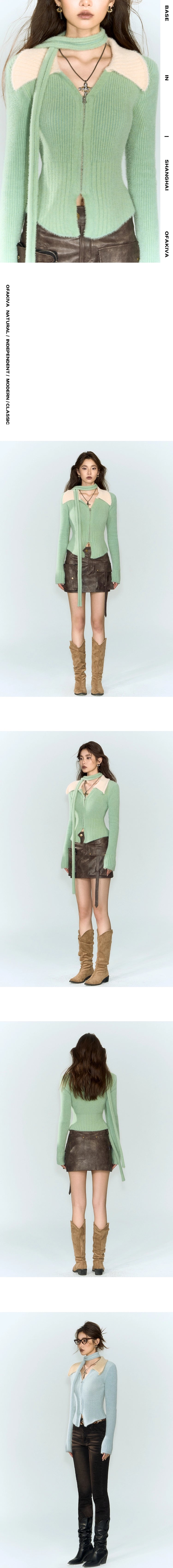 [スポット] OfAkiva「リードウルフ」コントラストピットストリップニットレディースウィンター長袖Vネック