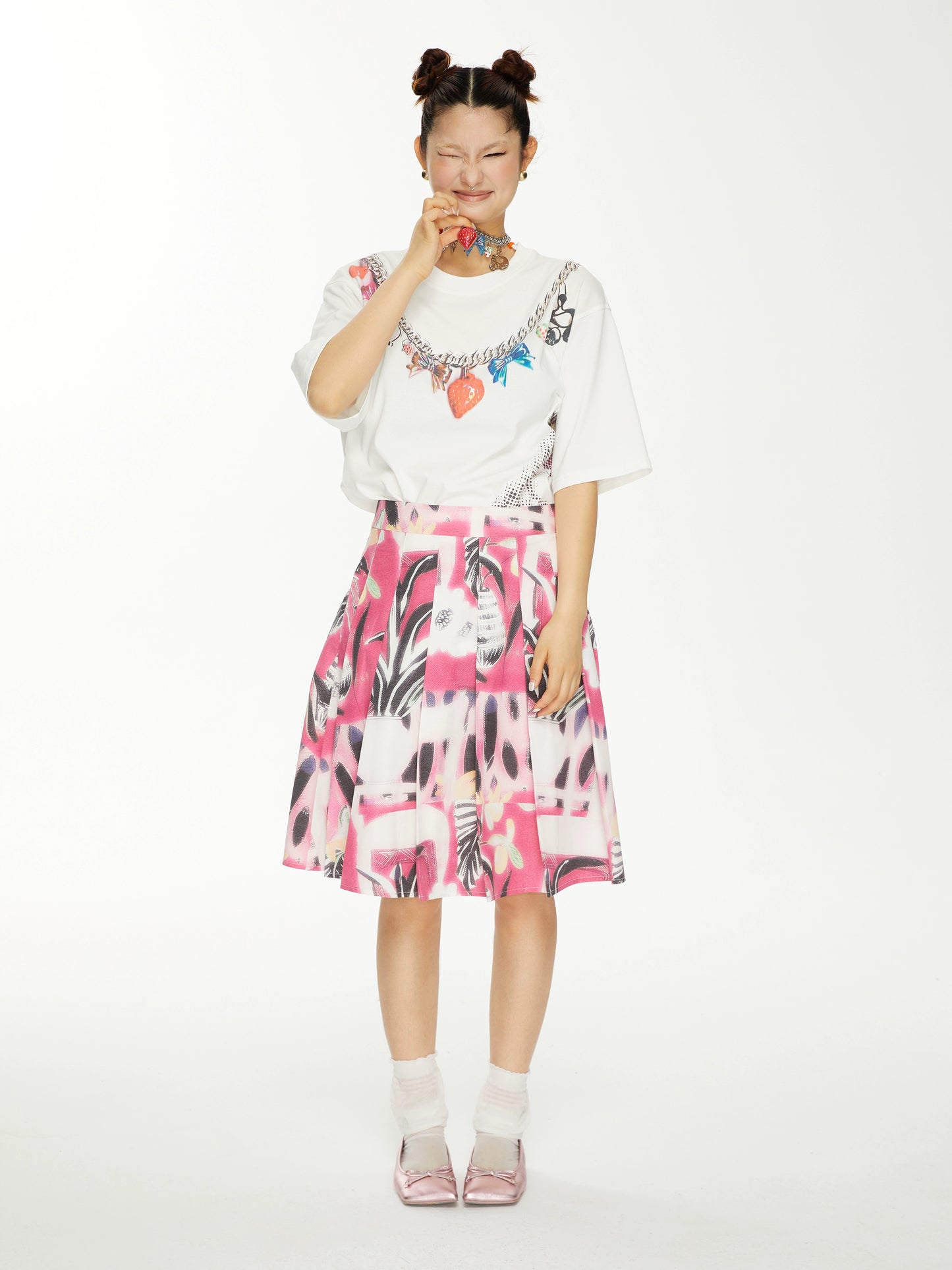 YSYKピンク花柄ピクトリアルパターンスカートスカート