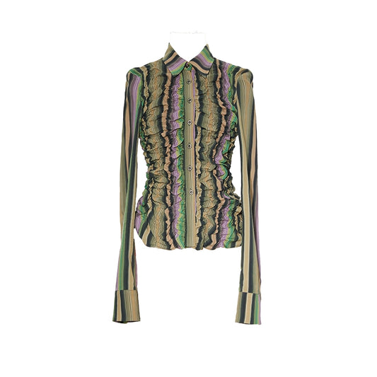 YOSHUYUKI オリジナルデザイン 伸縮性のあるボトムライン 不規則なクリンクルデザイン イエローパープル コントラストストライプ ウエストシャツ