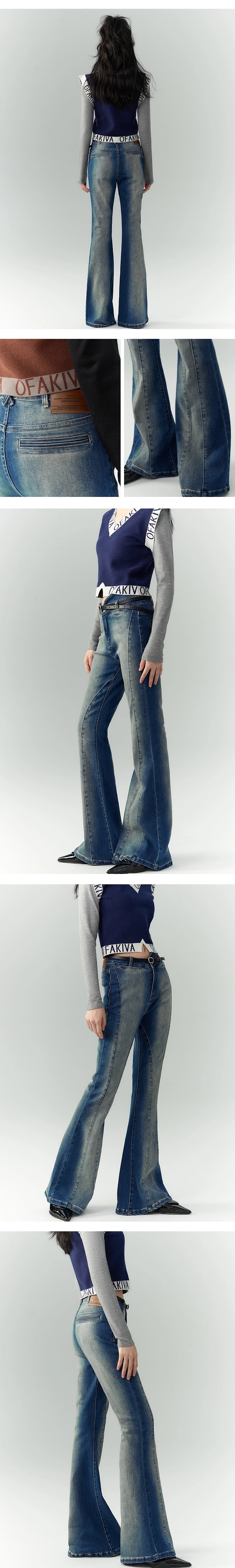 [スポット] のアキバベイビー非対称ウエストラインジーンズ女性秋ハイウエストスキニーフレアパンツ