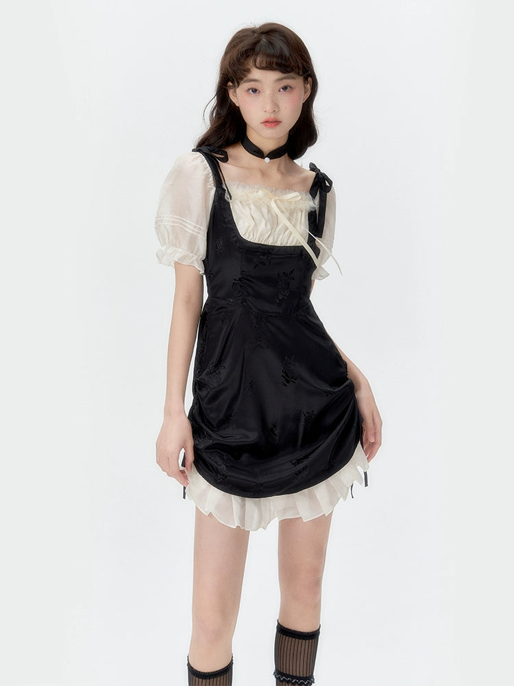 サンセットパークサンセットパークドレスチャイニーズスクエアネックブラック&ホワイトコントラストウエストパネルスカートチョーカー付き