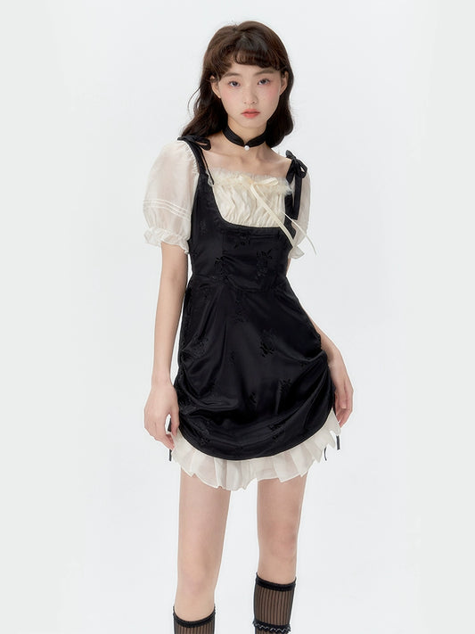 サンセットパークサンセットパークドレスチャイニーズスクエアネックブラック&ホワイトコントラストウエストパネルスカートチョーカー付き