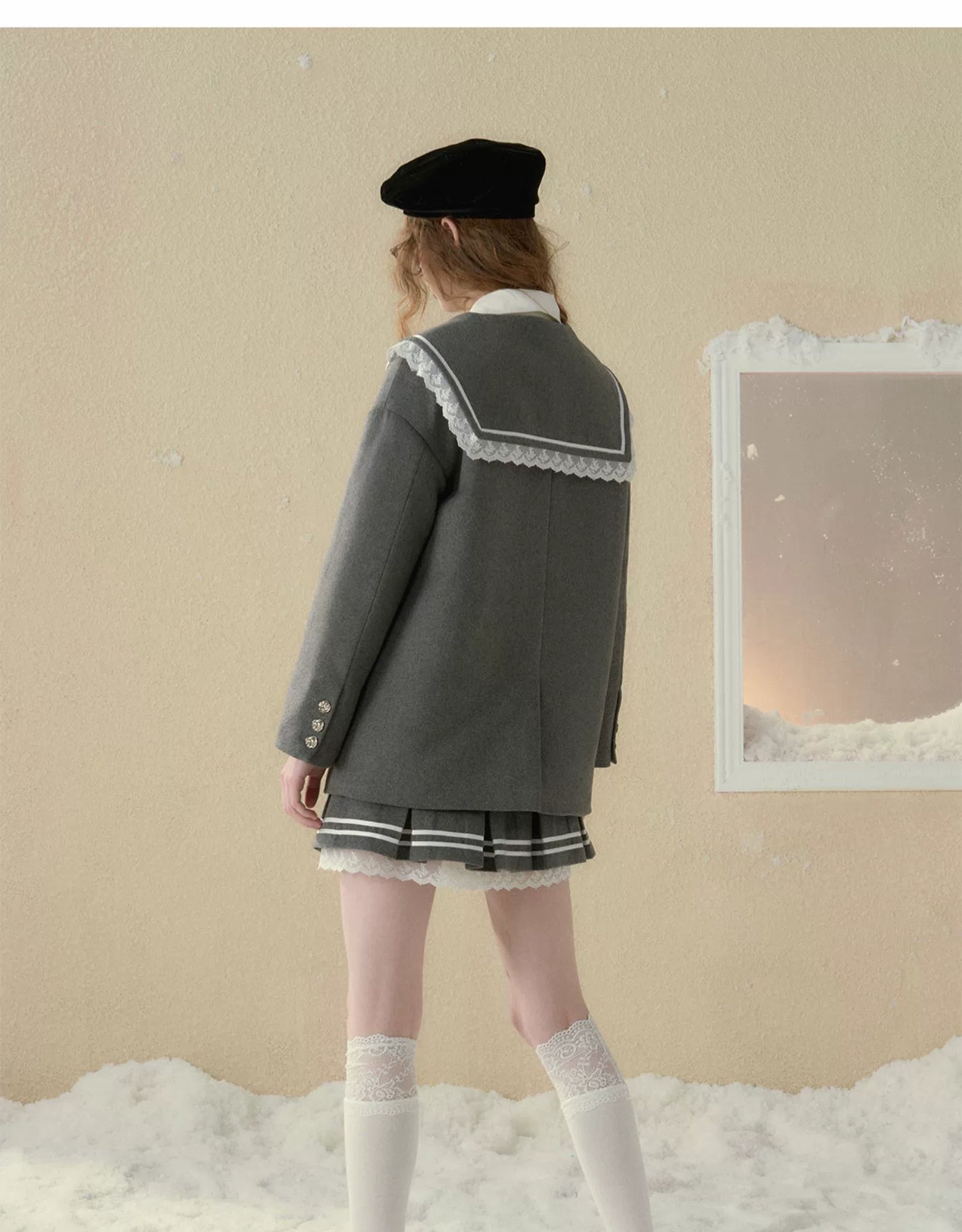 サンセットパーク グレイ カレッジ 50 ツイード パッド入りジャケット コート、取り外し可能なネイビー カラー