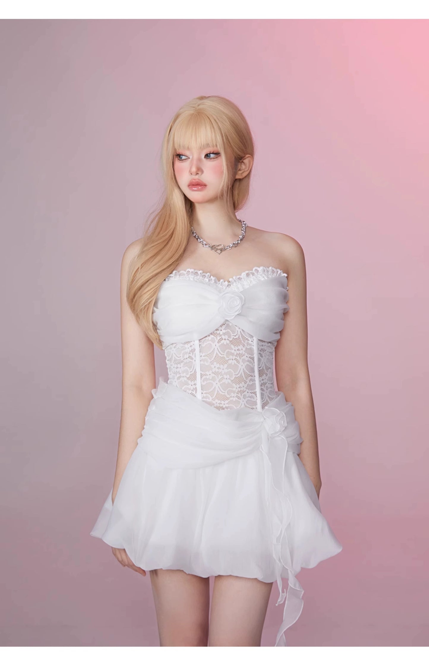 GirlyFancyClub白鳥の湖の物語のプリンセスレースヘリンボーン締めウエストパフメッシュバンドゥドレス