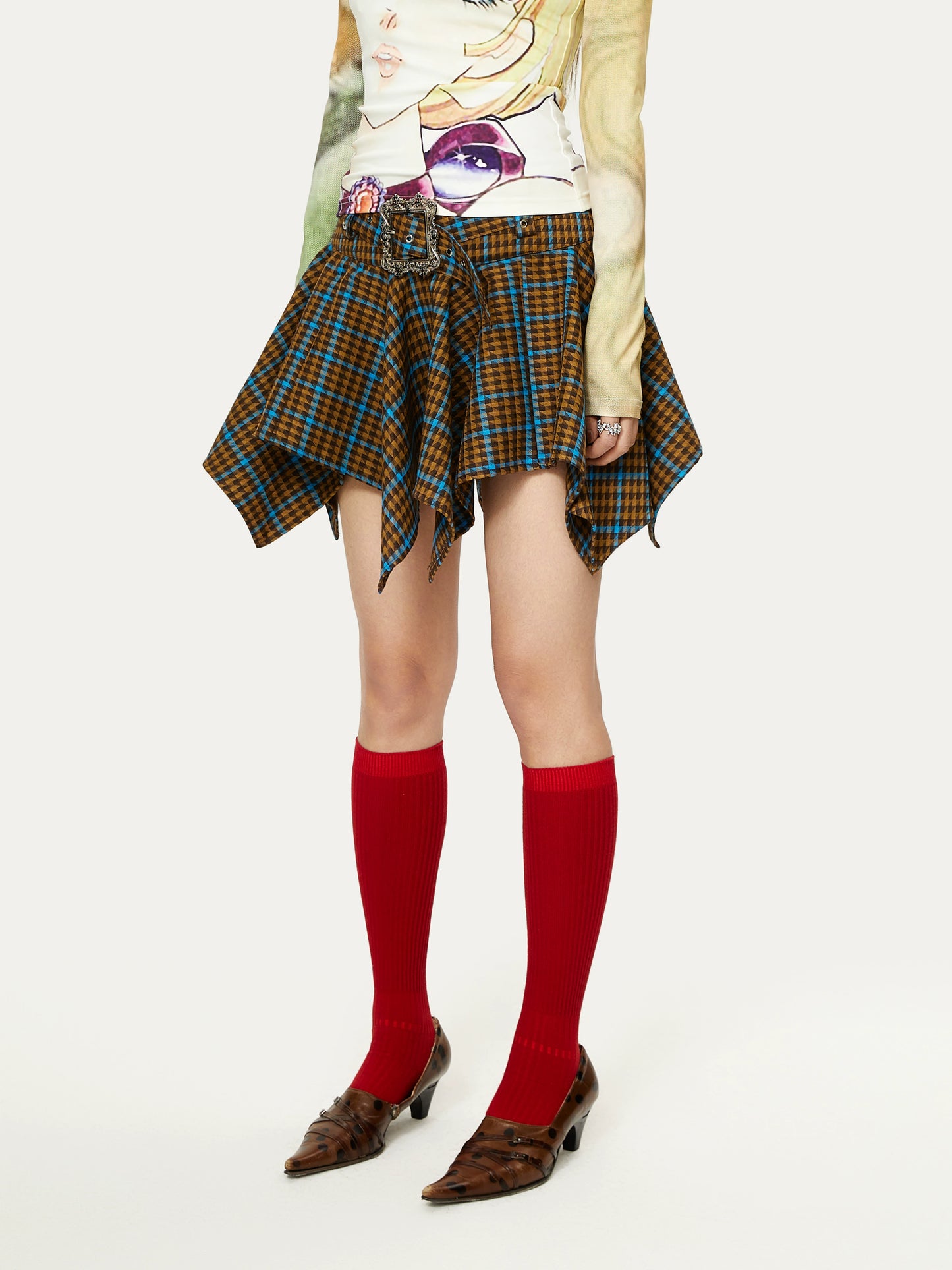 YOSHUYUKI「フリースピリット」レトロパンクコントラストチェックワイドウエストバンドデザイン不規則な裾スカート