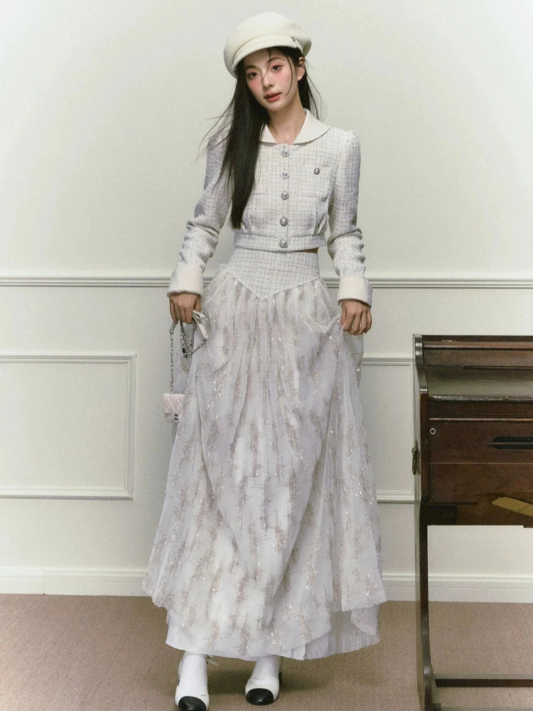 Silver Silk Sequined Small Fragrance Long Skirt