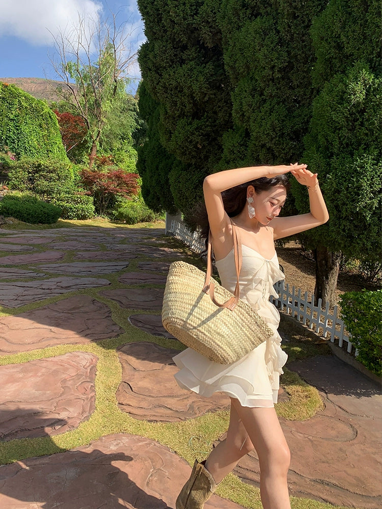 シャオリ赤と白のバラVネックスリップドレス夏のドーパミン小さな湯たんぱいウエスト締めAラインスカート