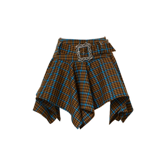 YOSHUYUKI「フリースピリット」レトロパンクコントラストチェックワイドウエストバンドデザイン不規則な裾スカート