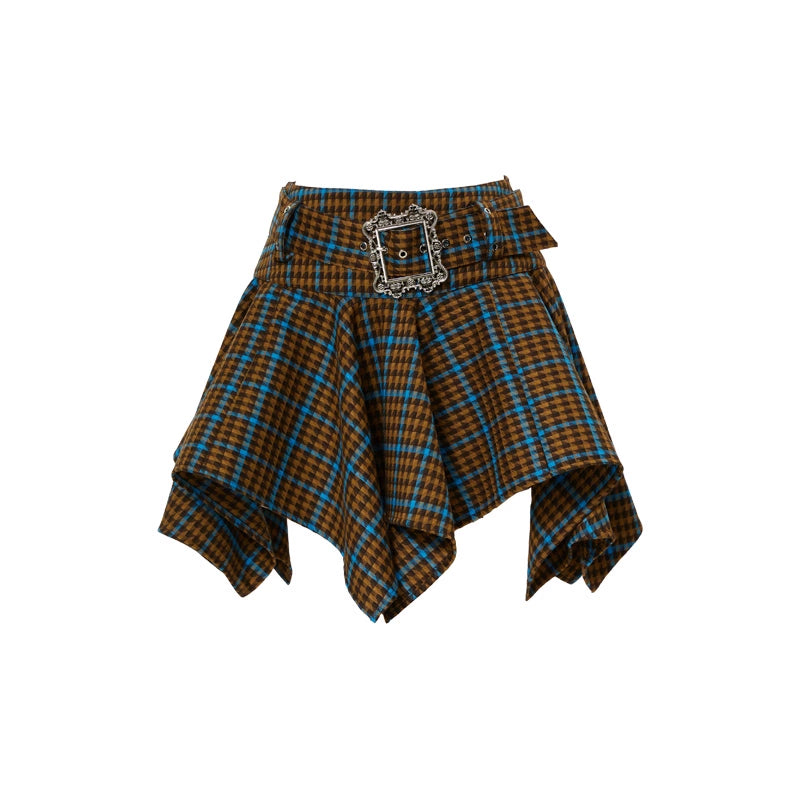 YOSHUYUKI「フリースピリット」レトロパンクコントラストチェックワイドウエストバンドデザイン不規則な裾スカート