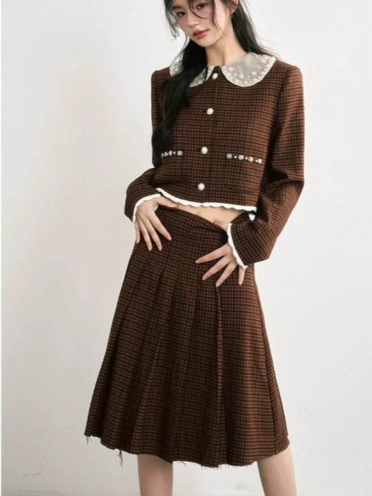 Checked Pearl Lace Casual Long Skirt