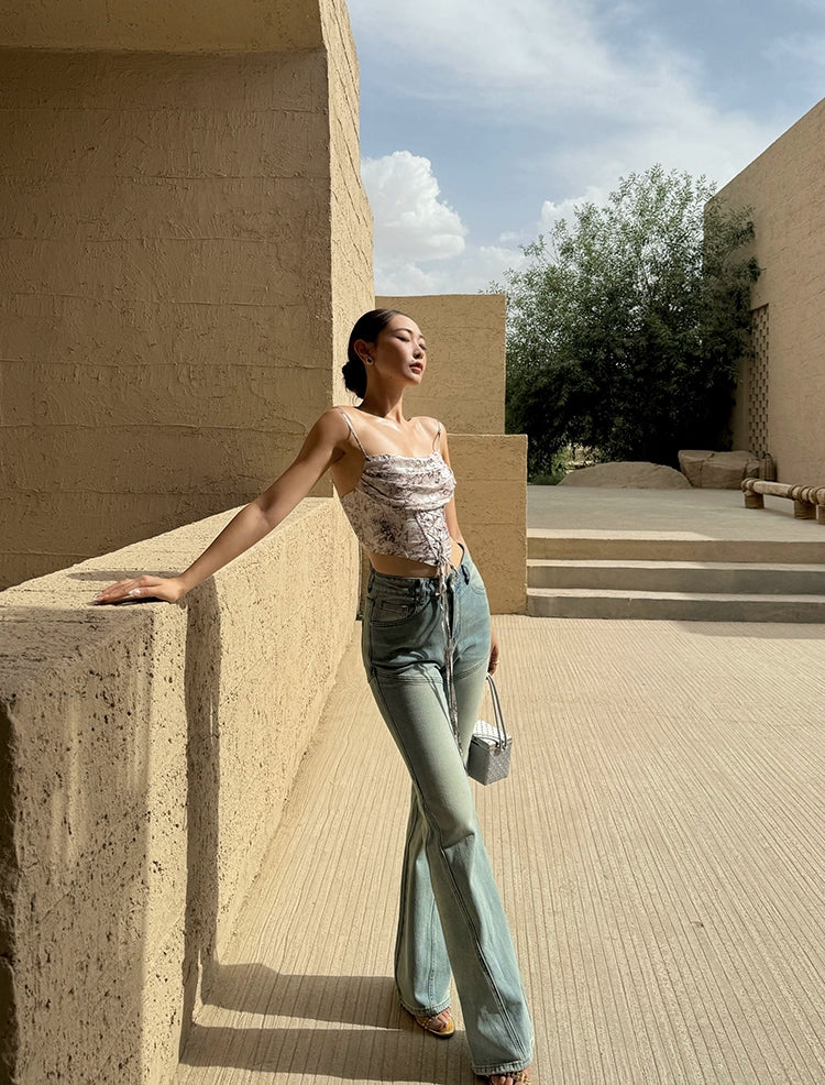 Xiaoliweiフレアストレートレッグワイドレッグジーンズ、夏の細いデザイン、レトロなスリムパンツ