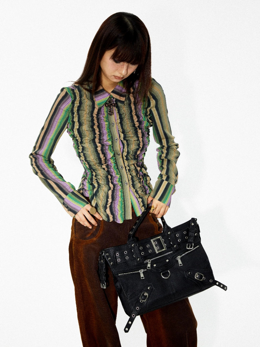 YOSHUYUKI オリジナルデザイン 伸縮性のあるボトムライン 不規則なクリンクルデザイン イエローパープル コントラストストライプ ウエストシャツ