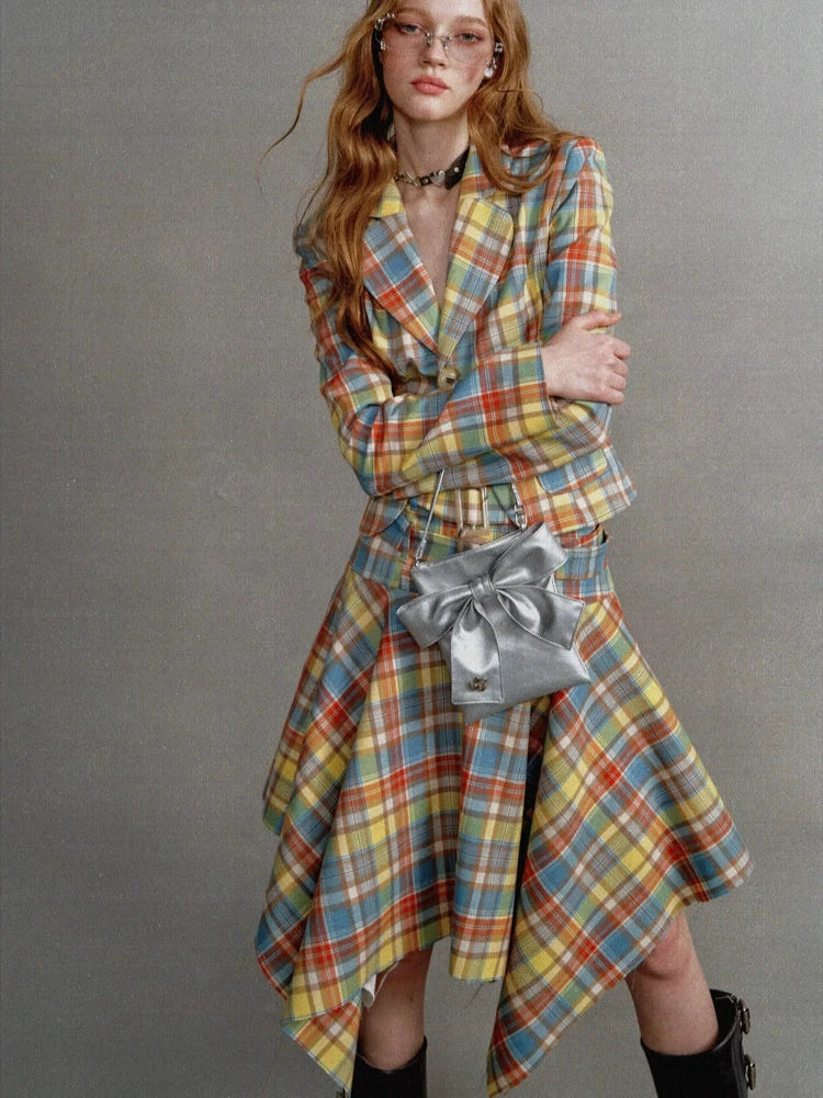 Vintage Yellow and Blue Check Waist Clinched Buckle Irregular Skirt