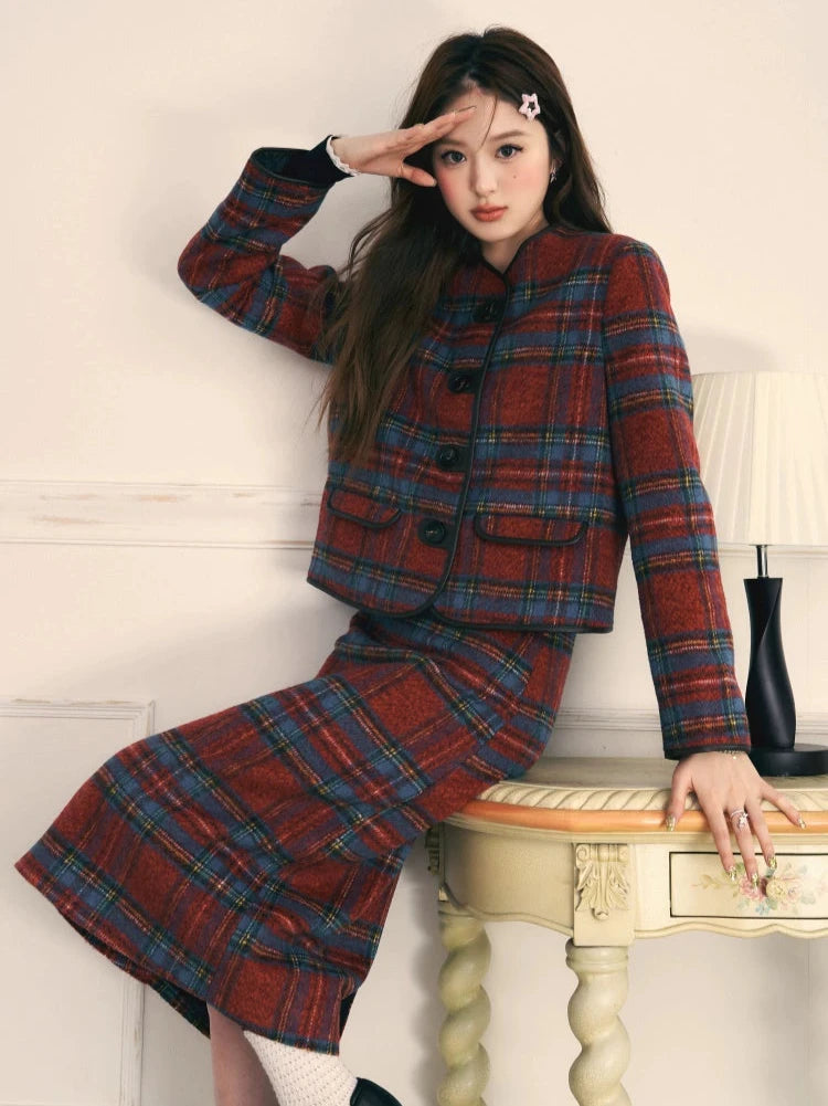 Retro red and blue plaid tweed skirt