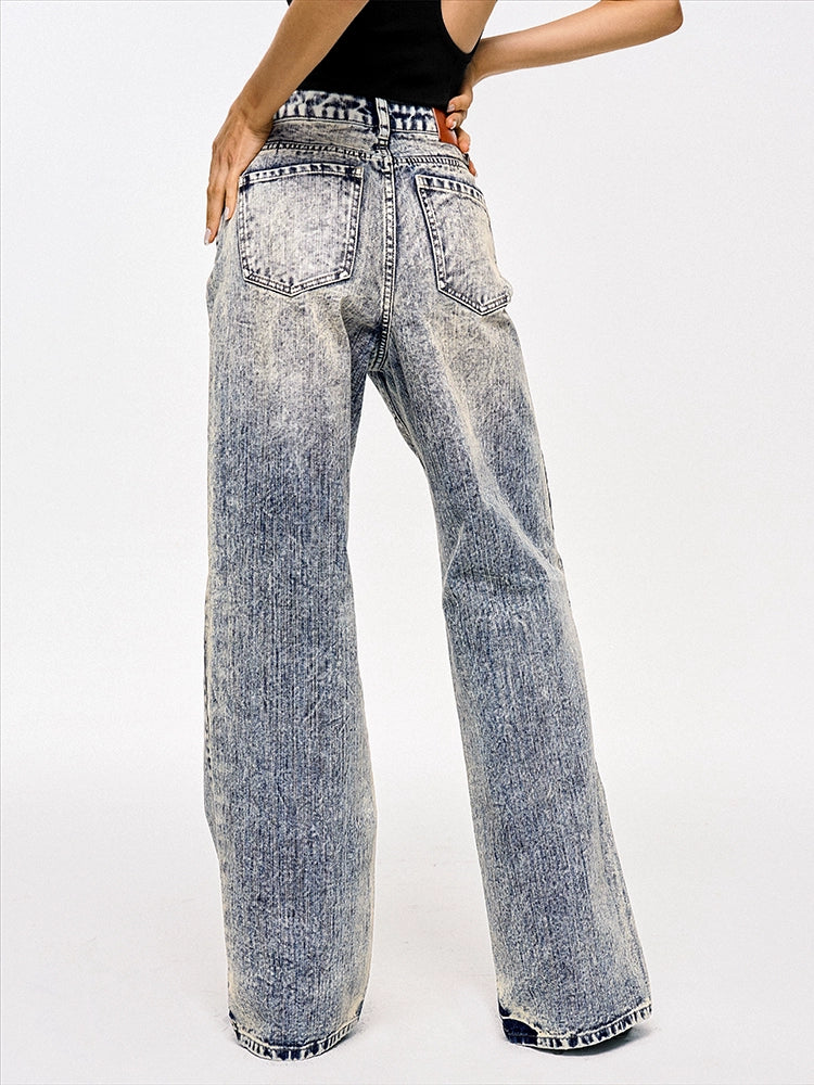 TR彼女のホットウェイストランドパンツブルーウォッシュブラッシュドホワイトヴィンテージディストレストルーズデニムハイライズストレートパンツ