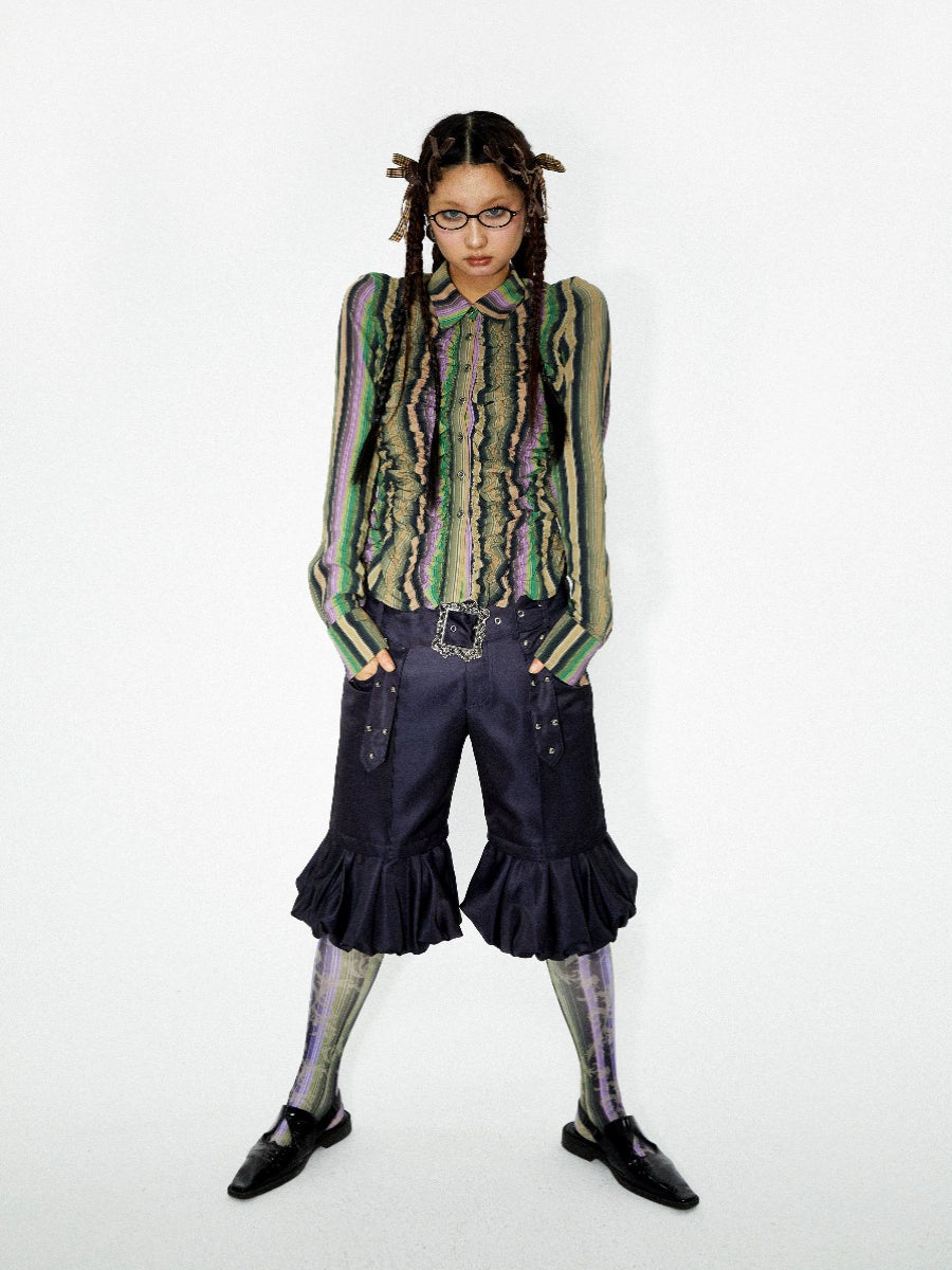 YOSHUYUKI オリジナルデザイン 伸縮性のあるボトムライン 不規則なクリンクルデザイン イエローパープル コントラストストライプ ウエストシャツ