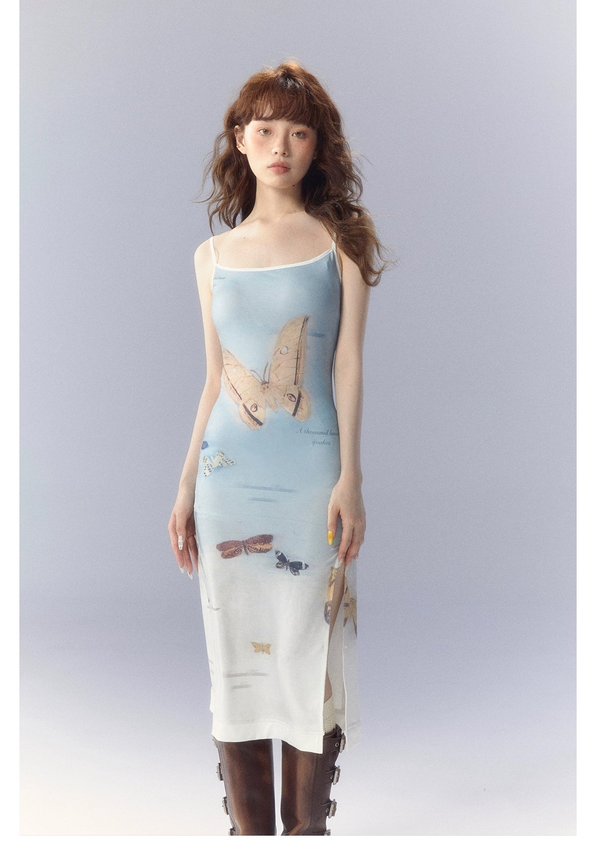 [スポット] サンセットパークサンセットパークオリジナルグラデーションバタフライプリントニットスリップワンピースドレス