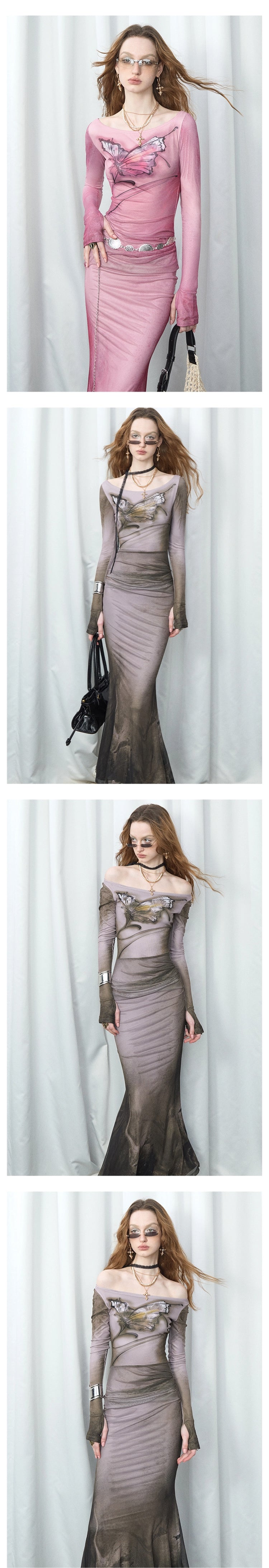 [スポット] OfAkiva「ドリームコアエステティック」バタフライプリントメッシュ長袖ボートネックフィッシュテールスカート女性