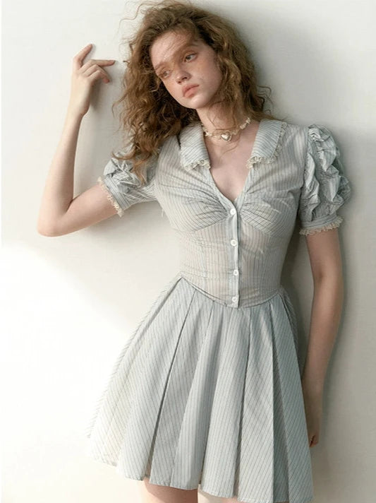 Colored Puff Sleeve Flower Pleated Blue Stripe Dress