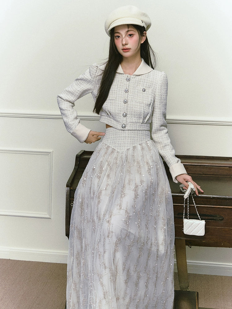 Silver Silk Sequined Small Fragrance Long Skirt