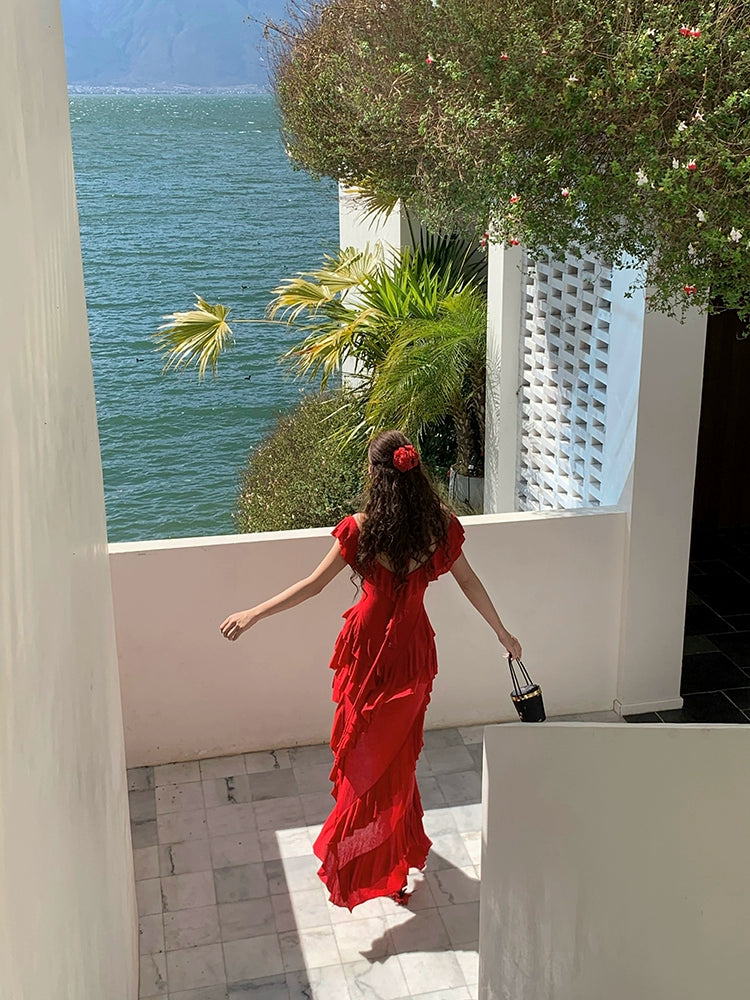 リトルコーラルテンセルウールレッドワンショルダードレス夏ニッチデザインフリルロングスカート