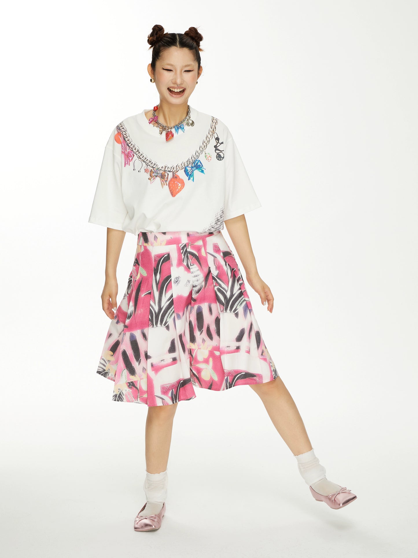 YSYKピンク花柄ピクトリアルパターンスカートスカート