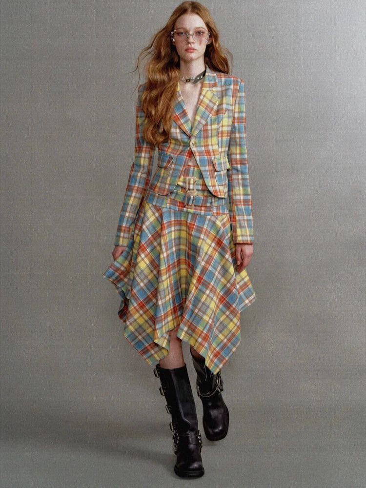 Vintage Yellow and Blue Check Waist Clinched Buckle Irregular Skirt