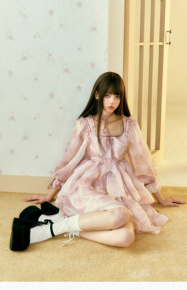 サンセットパーク サンセットパーク「スマッジローズ」ロマンチックなピンクパープルの花パフスリーブプリンセスドレス