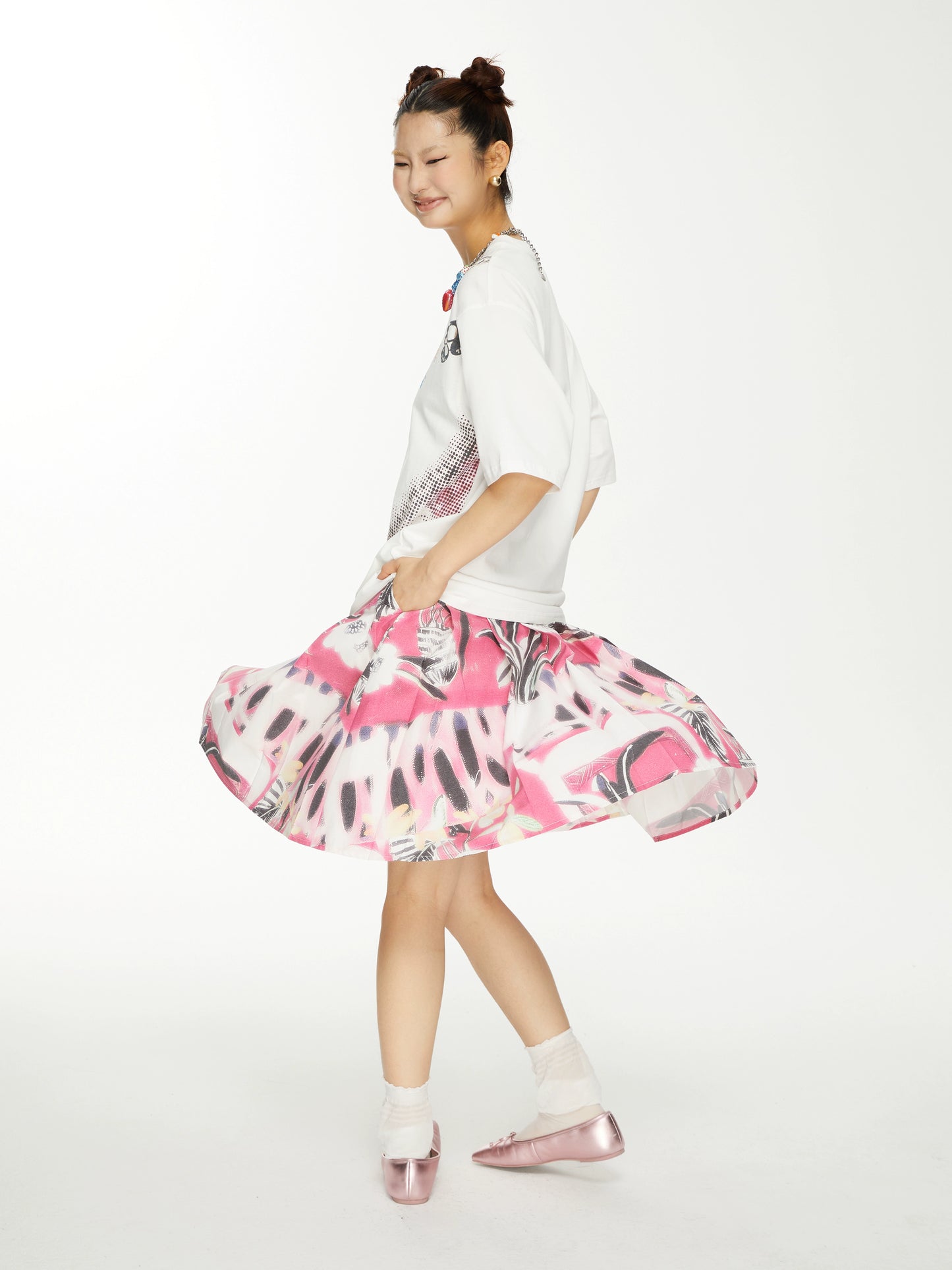 YSYKピンク花柄ピクトリアルパターンスカートスカート