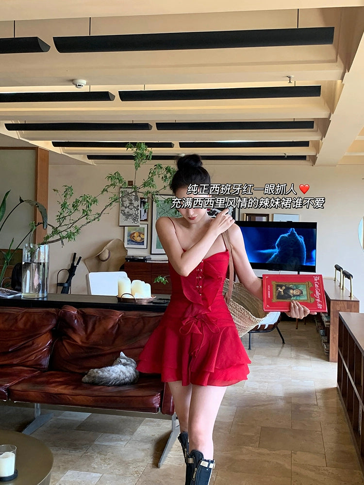 シャオリ赤と白のバラVネックスリップドレス夏のドーパミン小さな湯たんぱいウエスト締めAラインスカート