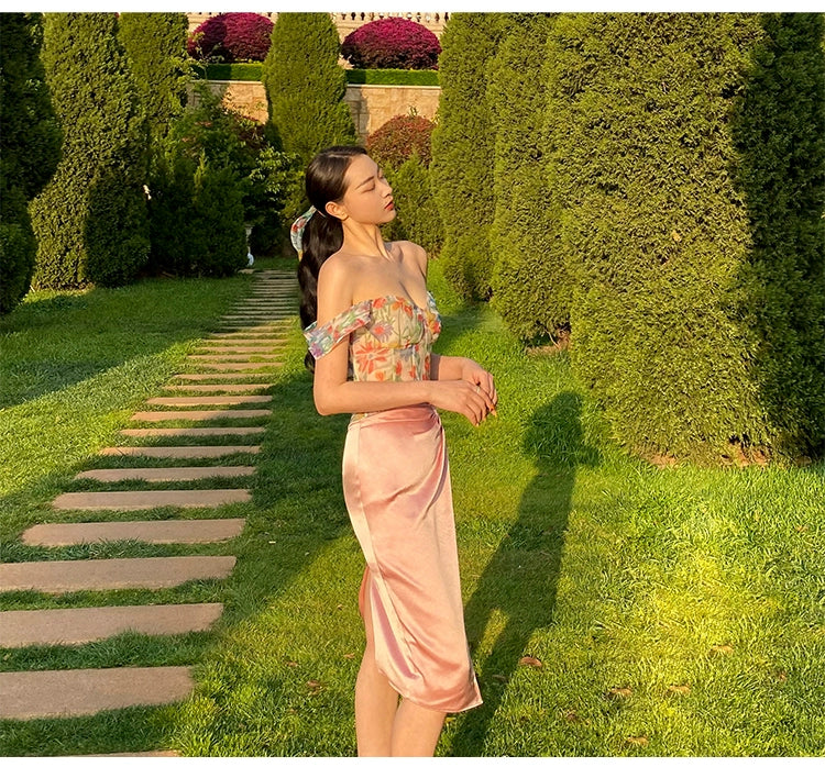 シャオリアセテートフロントツイストスプリットハイウエストヒップスカート、スプリングドレス、ドーパミンスウィートミディスカート