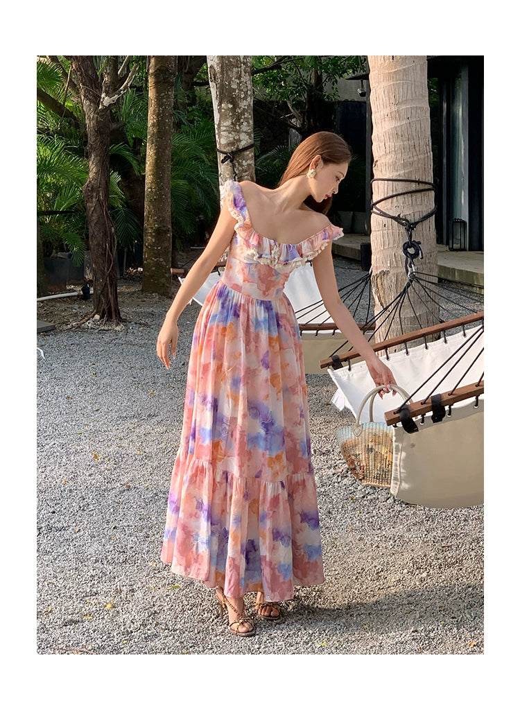 Xiaoli XIAOLIペン画春スクエアネック花柄ドレスロングドレスChardopamineは茶休憩フランスのプリンセスドレスを着ています