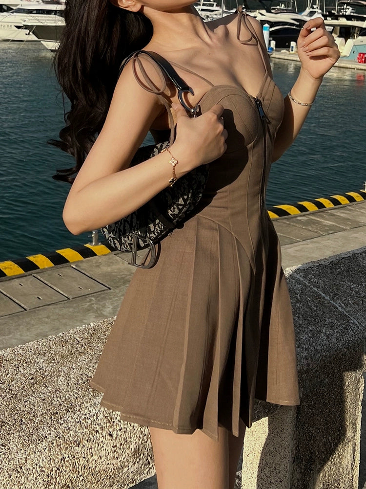 XiaoliチョコレートブラウニーAラインスリップドレス夏小さなホットガールセクシーな薄いショートスカート