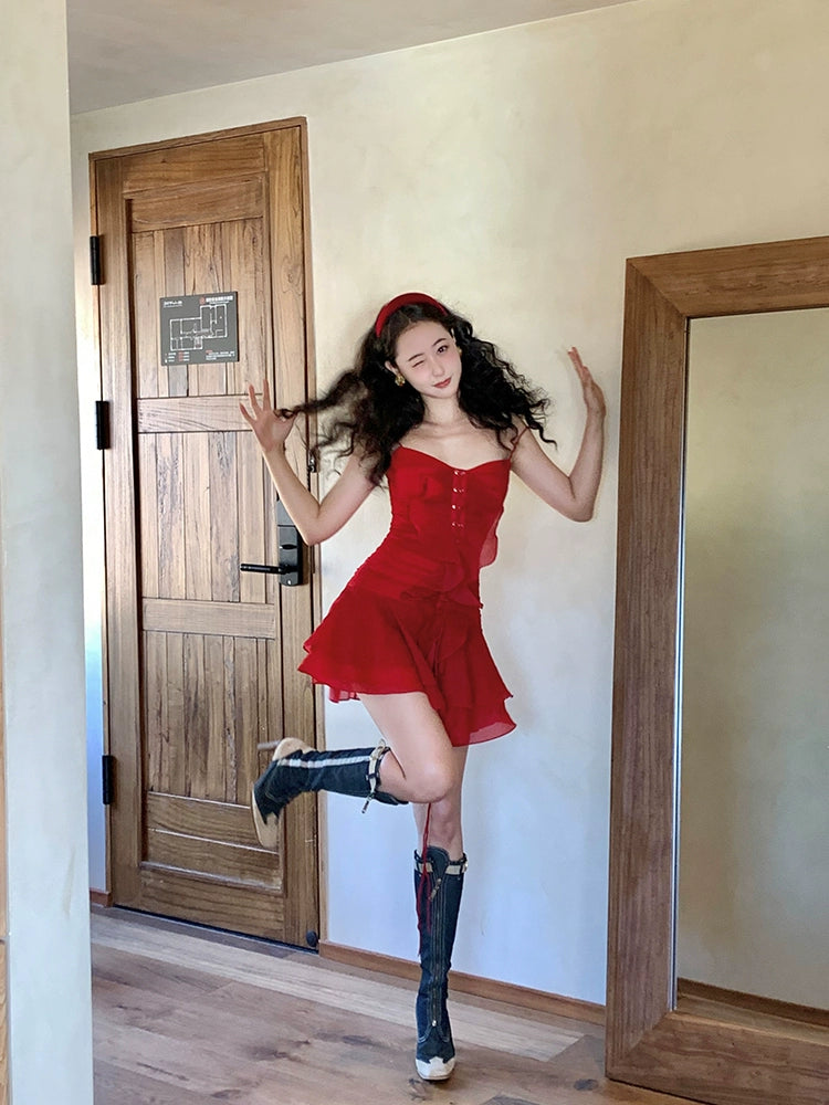 シャオリ赤と白のバラVネックスリップドレス夏のドーパミン小さな湯たんぱいウエスト締めAラインスカート