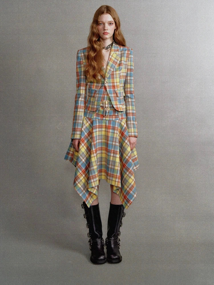 Vintage Yellow and Blue Check Waist Clinched Buckle Irregular Skirt