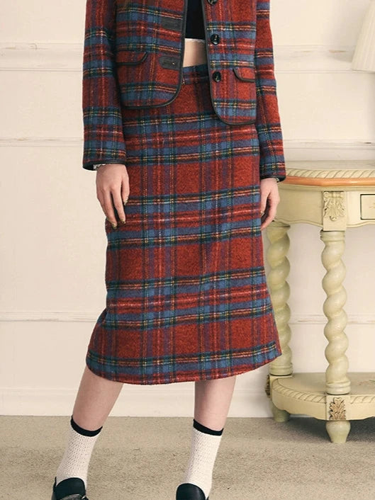 Retro red and blue plaid tweed skirt