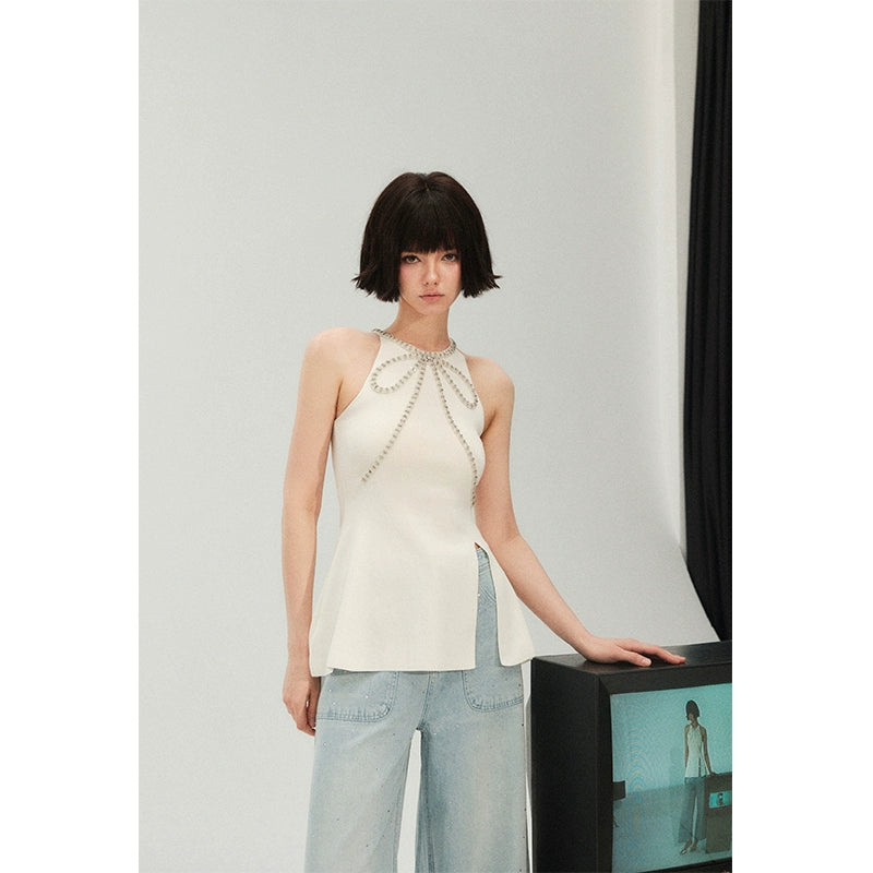 フォーエバーカン レディース サマー 2024 ニュー フローティング セナ プレミアム テンペラメント サスペンドロン ホルターネック スリット トップス