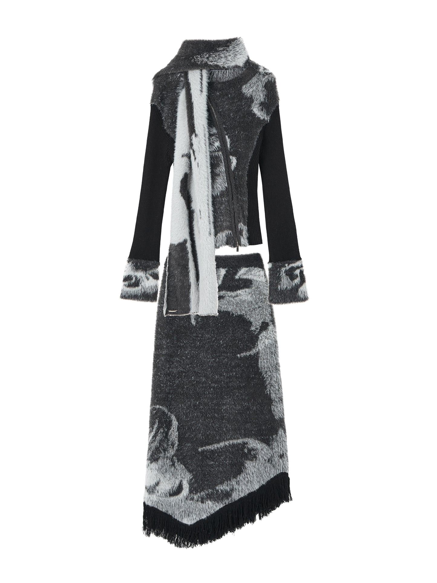 [スポット] OfAkiva「織りジャンル」フェイクミンクジャカードニットスーツレディースカーディガンスカート