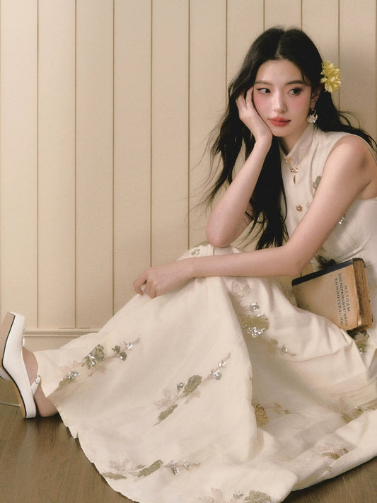 Sequin Embroidery Chinese Stand Collar Vest Long Skirt