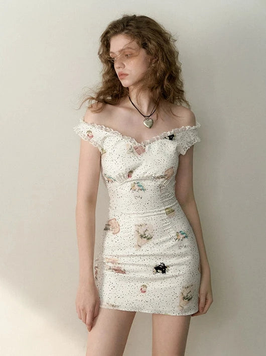 Spotted flower one-shoulder tight waist dress