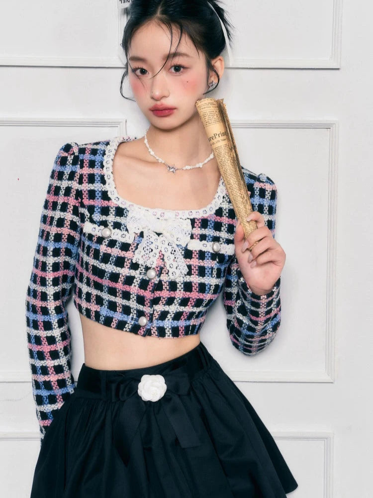 Small Fragrance Square Neck Bow Short Skirt