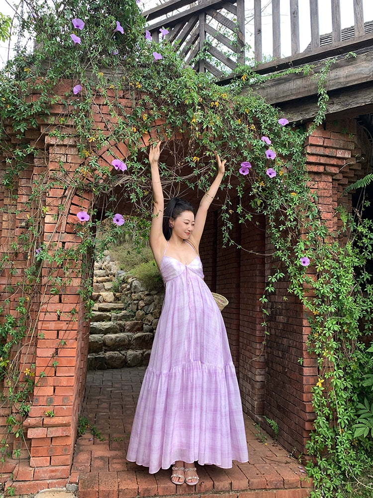 シャオリヒヤシンス、パープルミント、マンボ、Vネックホルタースリップドレス、チャドパミンリゾートドレス