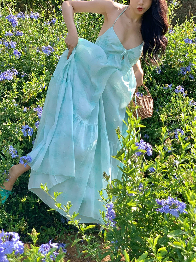 シャオリヒヤシンス、パープルミント、マンボ、Vネックホルタースリップドレス、チャドパミンリゾートドレス