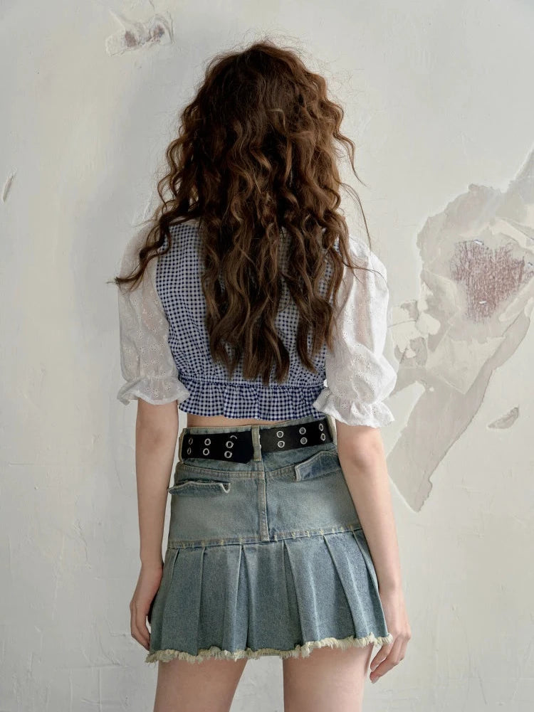 Stitched puff sleeve plaid short sleeve shirt