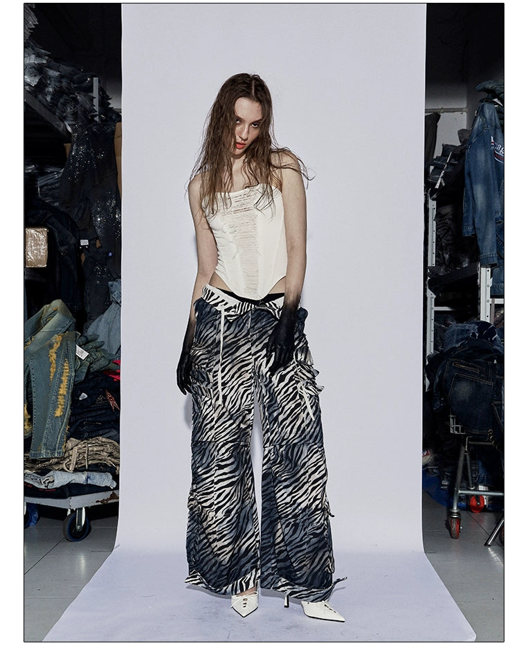 フェイチュイアメリカンヴィンテージベイビーディストレストダーティローライズマルチポケットドローストリングゼブラプリントカーゴパンツワイドレッグパンツ