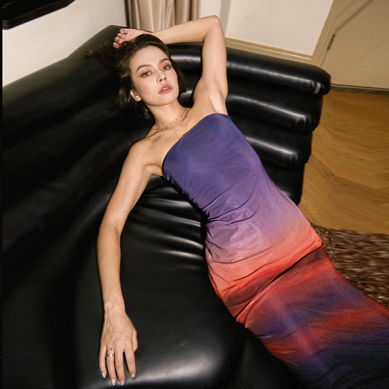 TR彼女のホットサンセットスカートサンセットプリントグラデーションメッシュセクシーベイビースキニーヒップスリムバンドゥドレス